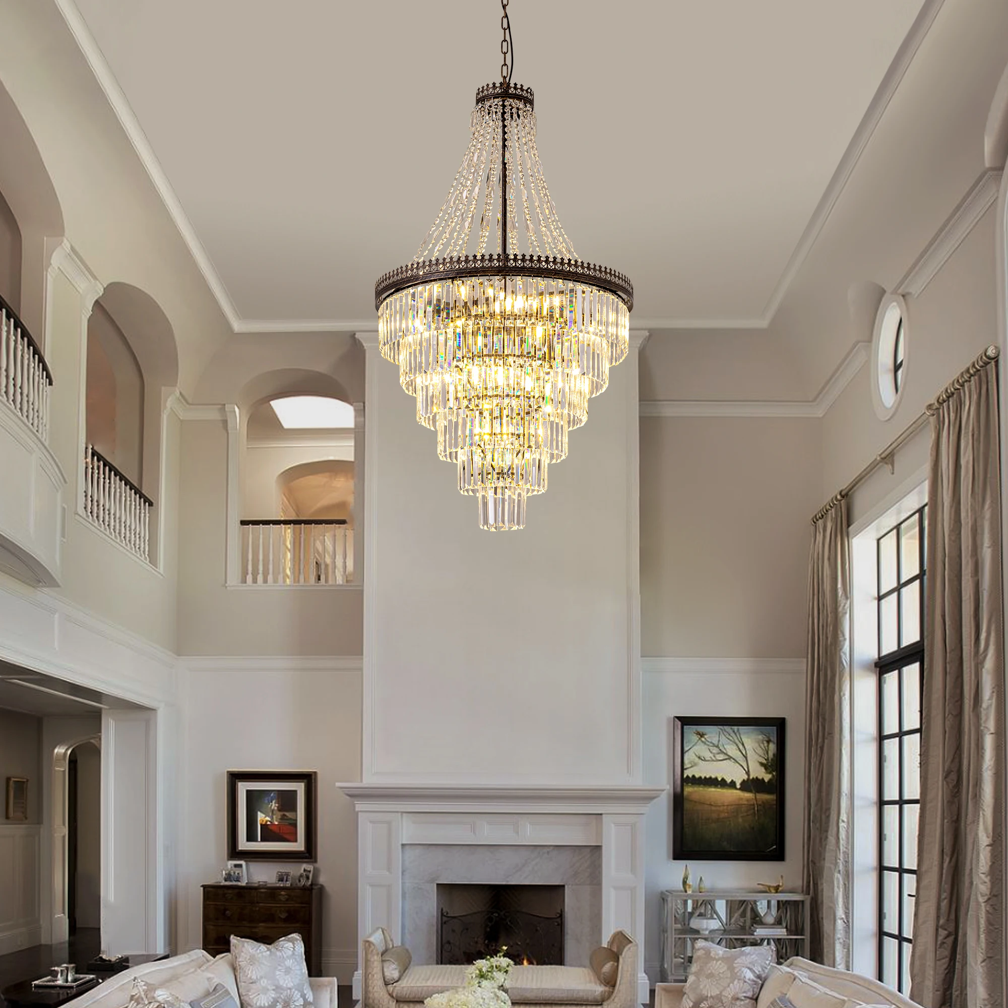 دوبلكس بناء كريستال ثريا كبيرة فيلا غرفة المعيشة ضوء فاخر طويل كريستال دوامة الدرج ثريا تركب بالسقف بريق #4