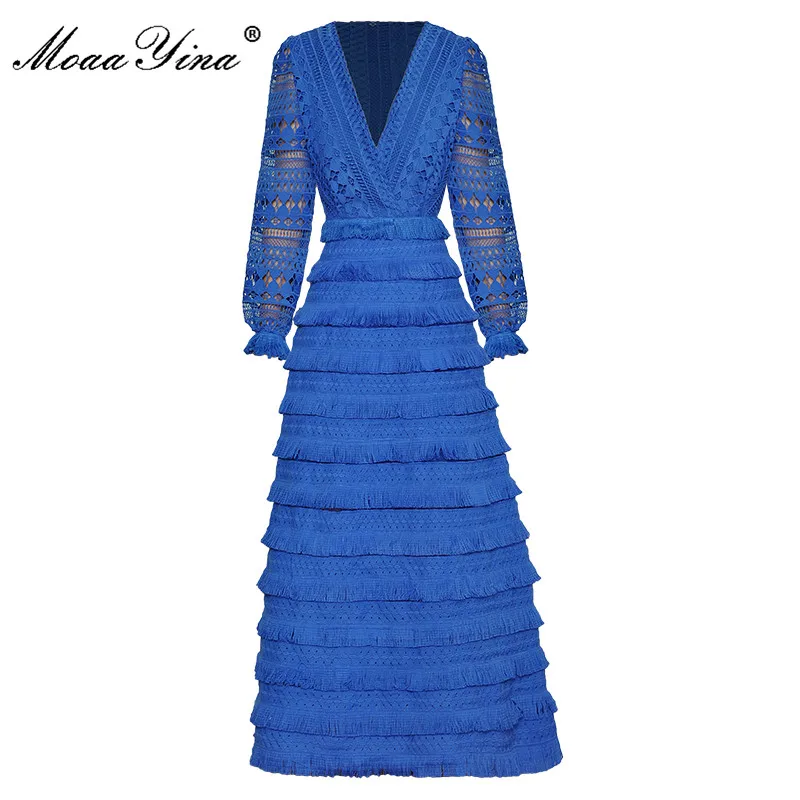 MoaaYina Autumn Designer Runway Blue Dress Women Sexy V Neck Lantern sleeve Hollow out Tassel Vacation Elegant Dresses