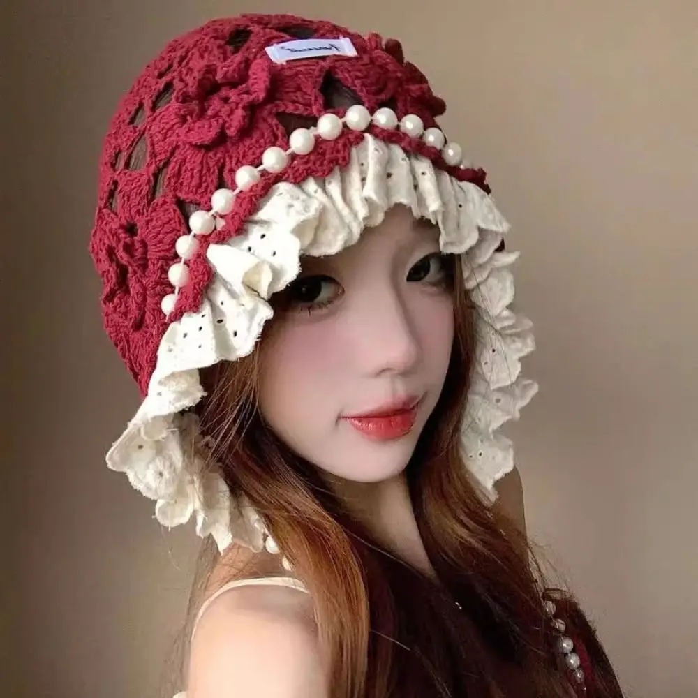 

Vintage Pearl Tassels Crochet Flower Knitted Hat Hollow Out Thin Knit Cap Handmade Korean Ethnic Style Hat Girls