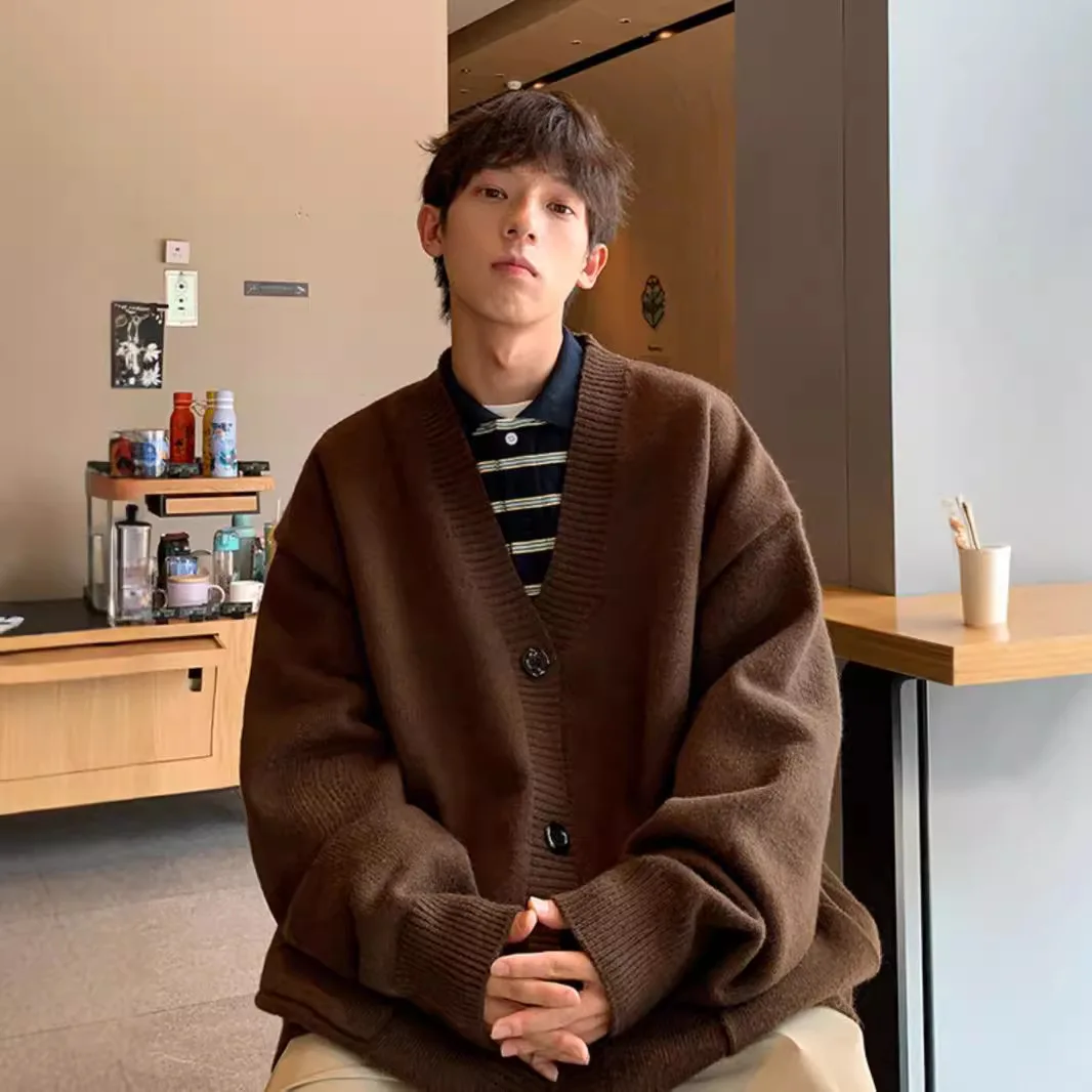 Fall Winter Men Sweater Cardigan V Neck Knit Thick Elastic Slim Fit Warm Bottoming Knitwear Daily Wear Sweater Coat