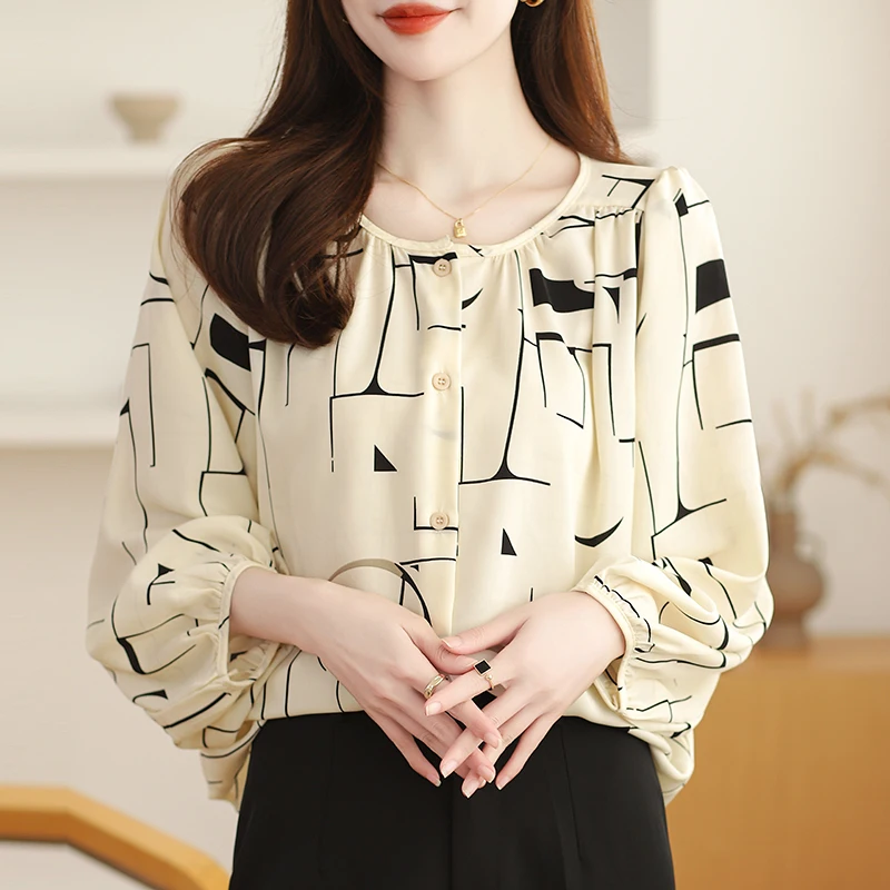 Women Spring Simplicity Loose Temperament Printing Chiffon O-neck Long Sleeve Shirts Women Clothes Casual All-match Trend Tops