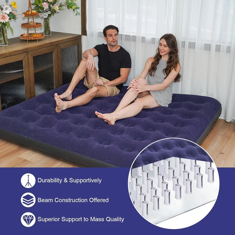 Inflatable Mattress for Guests & Home,Flocking Surface&Durable PVC , Rapid inflation, Air Bed for Camping