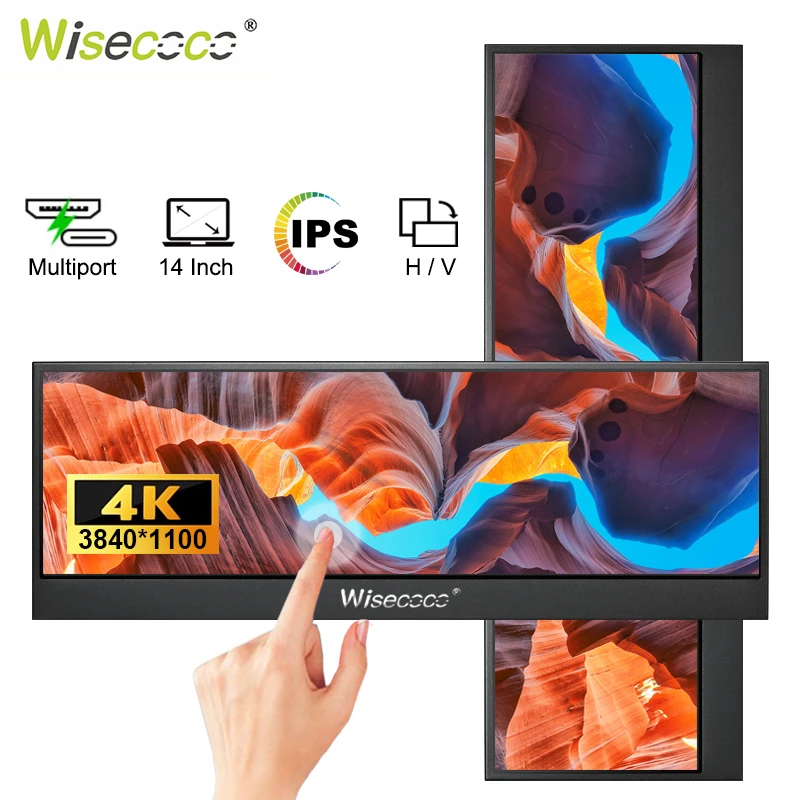 

Wisecoco 14 Inch 4K UHD Portable Monitor 3840*1100 IPS Touchscreen 500Cd/m² for Laptop Phone PC TV Aida64 CPU GPU Gaming Display