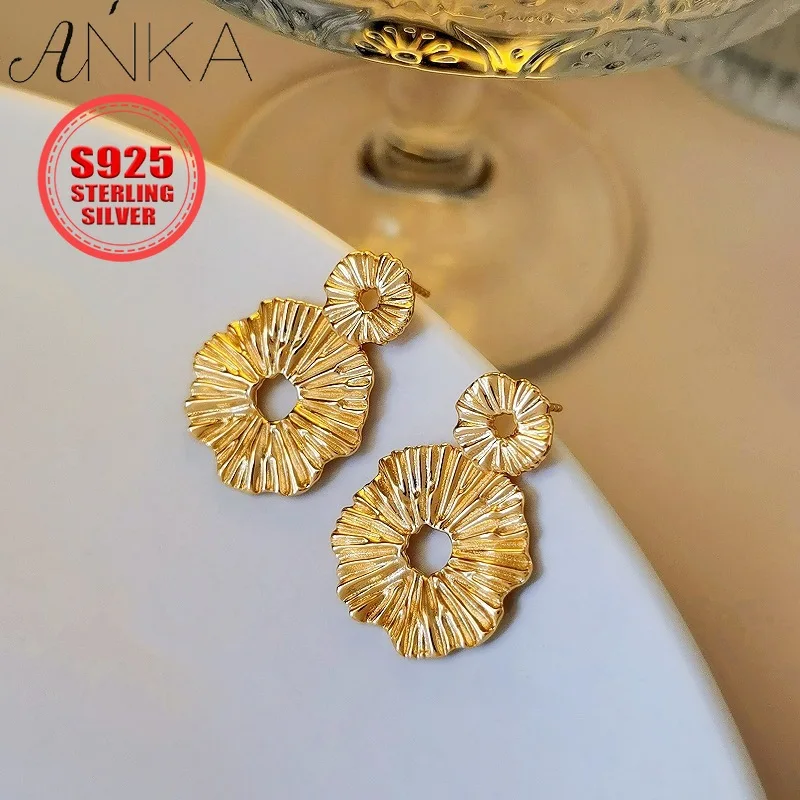 

925 pure silver earrings with irregular floral stripes women earrings personalized retro style gold jewelry flower earrings