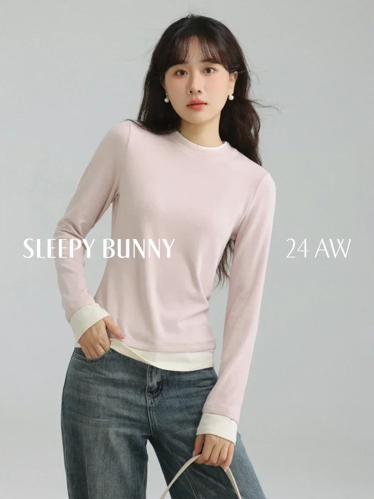 

Winter Women Slim Fit Layered Design Long Sleeve T-Shirt Round Neck Base Shirt Elegant Petite Inner Top with Regular Shoulders