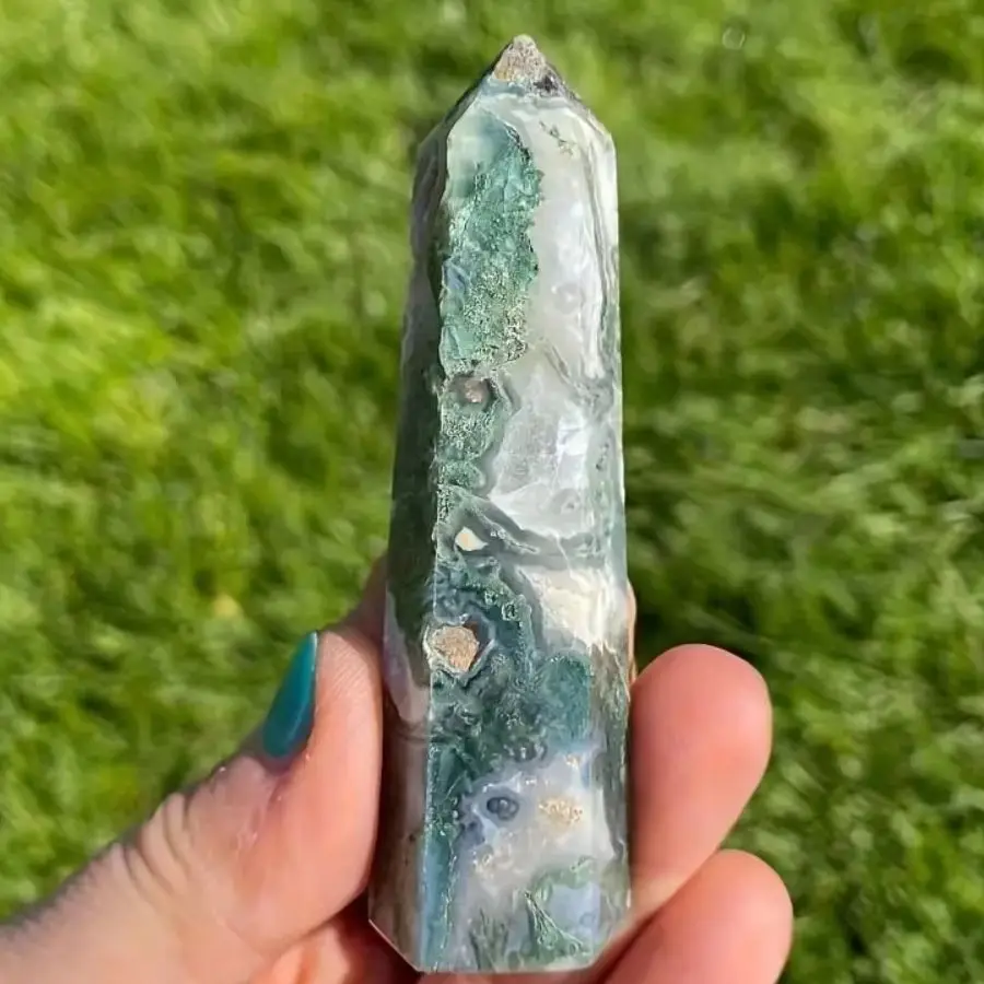 5-9cm Natural Moss Agate Tower Wand for Spiritual Use Green Water Plant Hexagonal Prisms Obelisk Point Chakra Home Decor