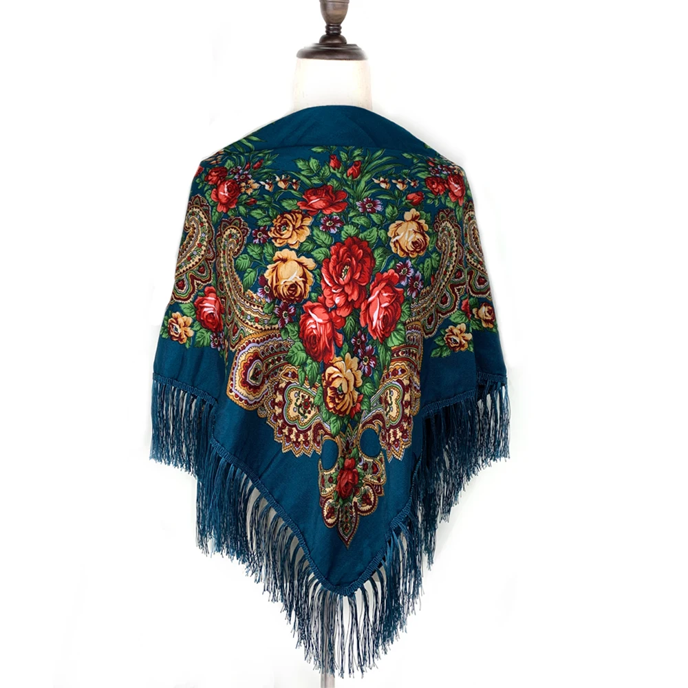 Russian National Square Scarf for Women Luxury Floral Print BandanaHead Scarves Ladies Fringed Winter Scarves Blanket Shawl