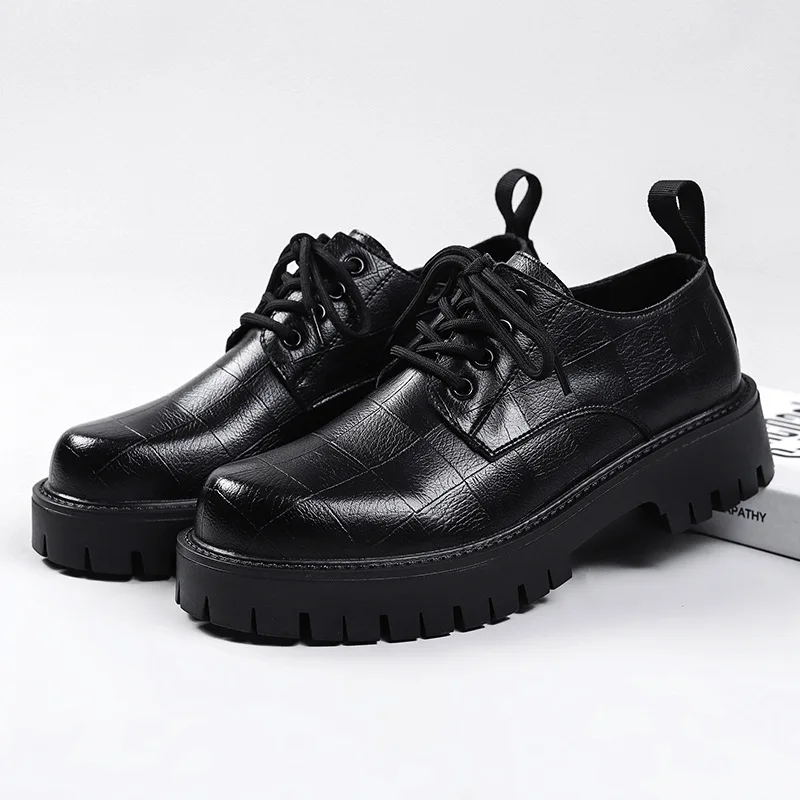 

England style men's casual original leather shoes black tide lace-up derby shoe business wedding dress platform footwear zapatos