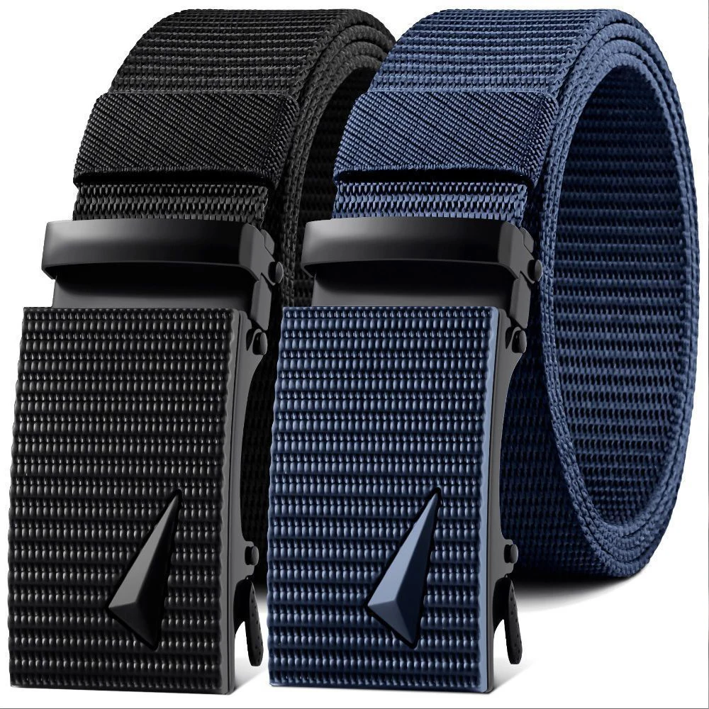 Metal Buckle Automatic Belt Men's Imitation Nylon Canvas Belt Toothless Webbing Outdoor Casual Work Sports Belt Black Blue