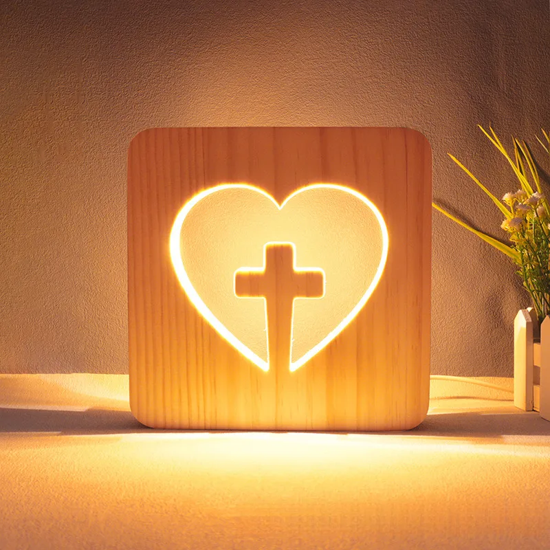 

Creative Solid Wood 3D Hollow Night Light Love Shape Bedside Lamp For Bedroom Ambient Home Decor Warm Lighting Gift Idea