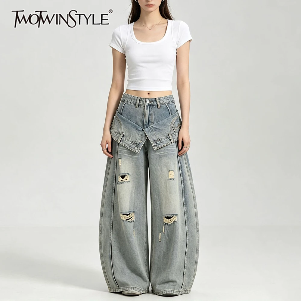 TWOTWINSTYLE Hollow Out Spliced Distress Loose Trousers for Women High Waist Patchwork Button Casual Pants Female Fashion Style