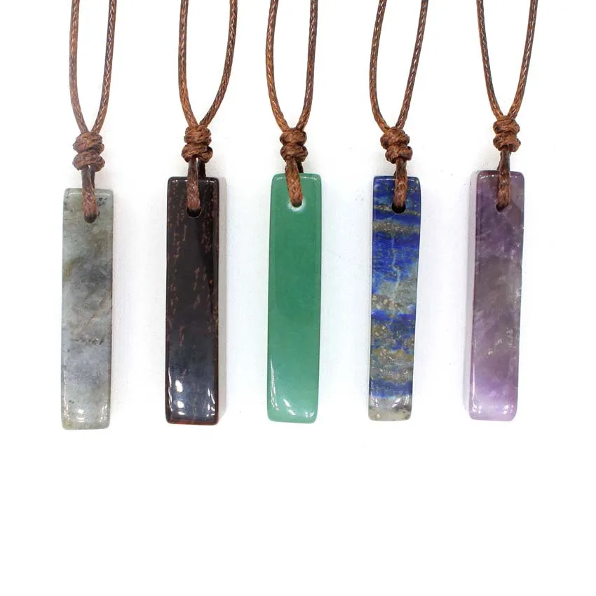 Crystal Cuboid Pendant Natural Amethyst Lapis Lazuli Green Aventurine Quartz Stone Pendant Adjustable Rope Chain Women Necklace