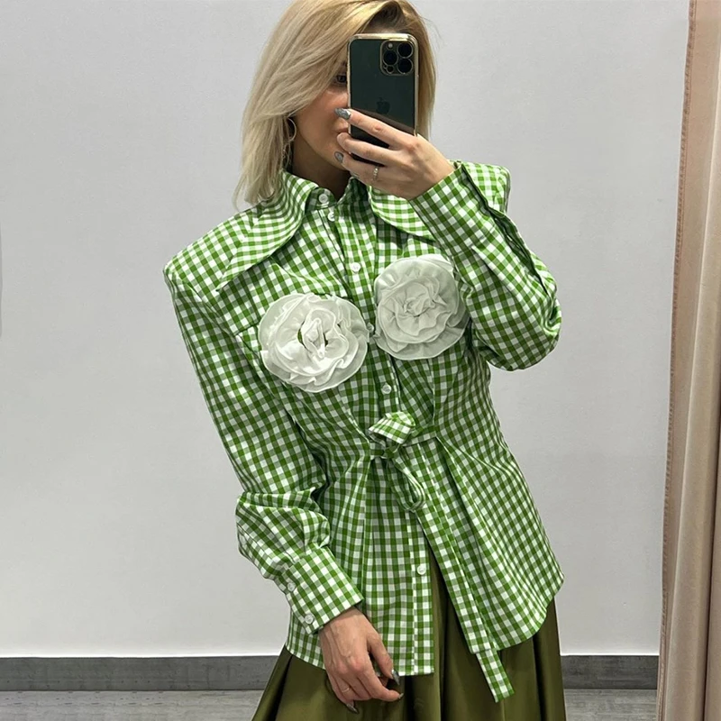 Ardm Fashion Button -Up With Three-Dimensional Flower Shirts & Blouses Streetwear Long Sleeve Plaid Full Shirt Women Chic Tops