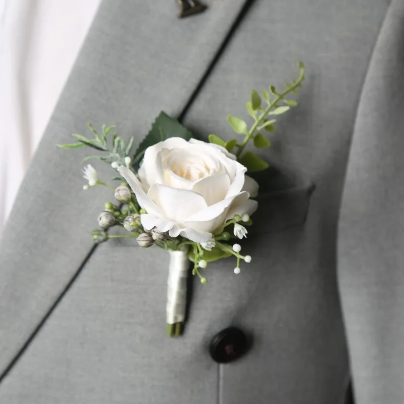 Elegant Groom Boutonniere Flowers for Mensuit Artifical Roses Wrist Corsage Wedding Accessories