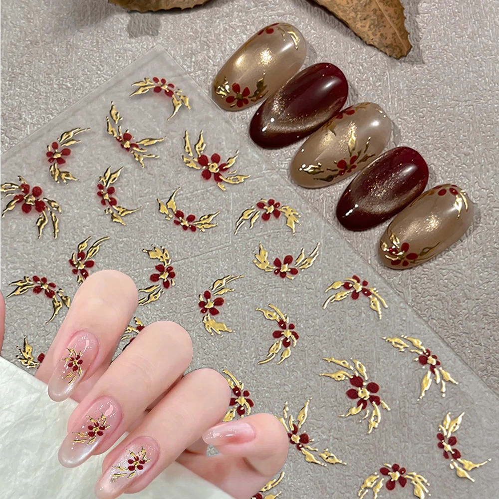 1PC 5D Luxury Gold leaf Floral Nail Art Stickers Elegant Metallic Burgundy Flower Embossed Press-on nails Decals Nail Art Supply