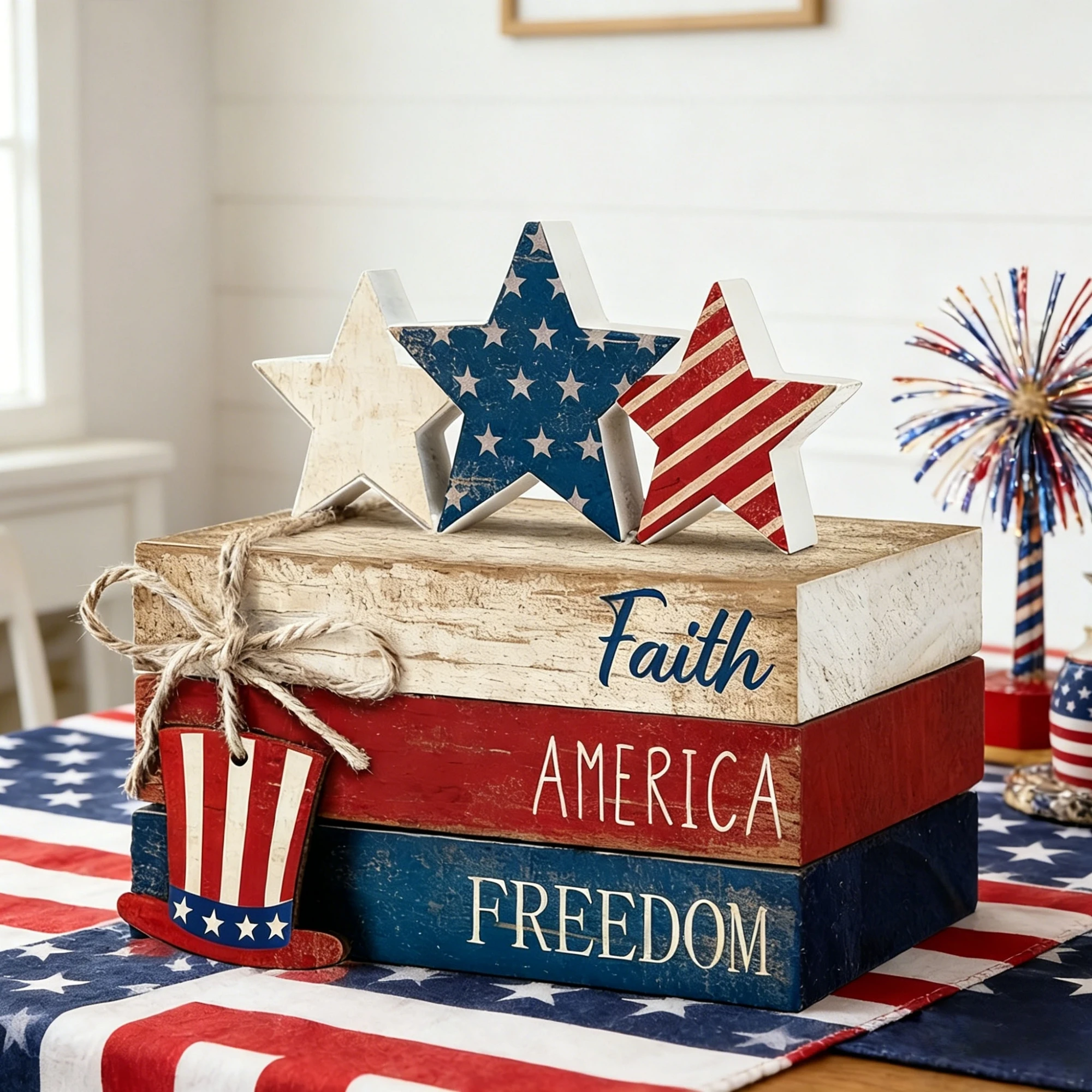 6Pcs 4th of July Table Decorations Patriotic Wooden Table Sign Memorial Day Tiered Tray Decor for Home Festival Party