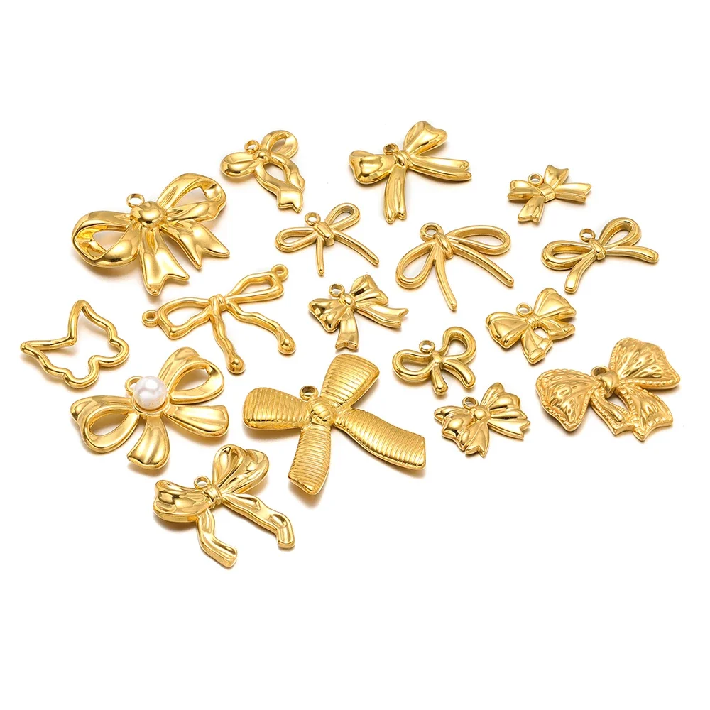 5pcs Bow Knot Charms Stainless Steel Prevent Allergy Gold Bow Pendants for DIY Girls Earrings Necklace Supplies Jewelry Making