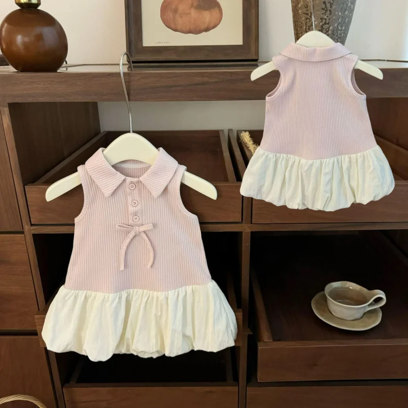 

Girls PinkpoloCollar Flower Bud Dress Summer New Children's Sweet Vest Princess Dress Fashion