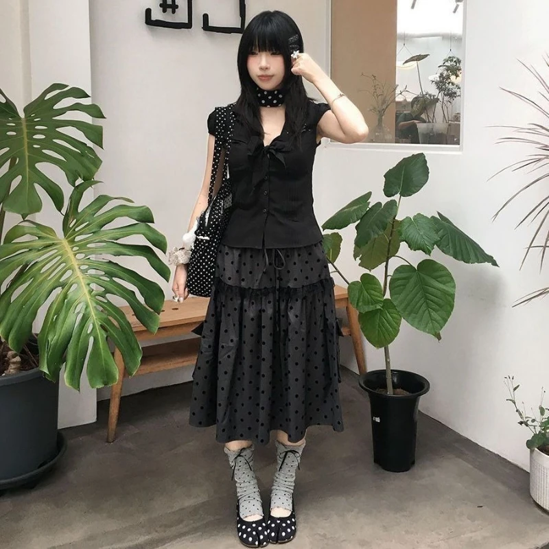 Y2k Japan Kawaii 2 Piece Skirt Set Women 2000s Harajuku Vintage Sweet Dark Suits Lolita Short Sleeve Top + Polka Dot Midi Skirts