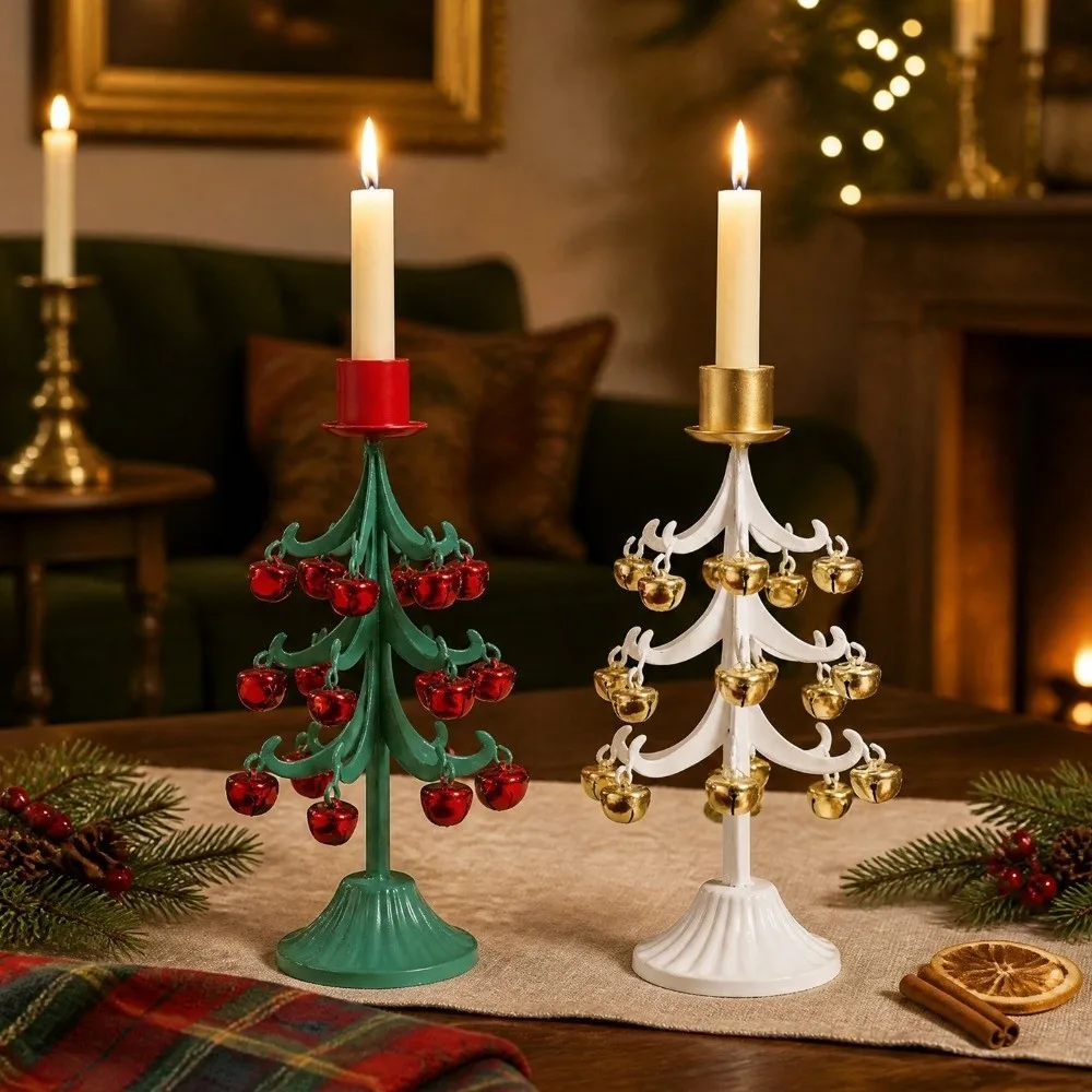 Vintage Christmas Tree Bell Candlestick Iron Art Romantic Metal Candelabra Rust Resistant Stable Base Adornment Candle Stand