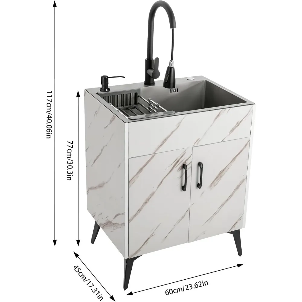 Kitchen sink cabinet, stainless steel practical sink and cabinet combination, independent sink with pull-out faucet, (white)