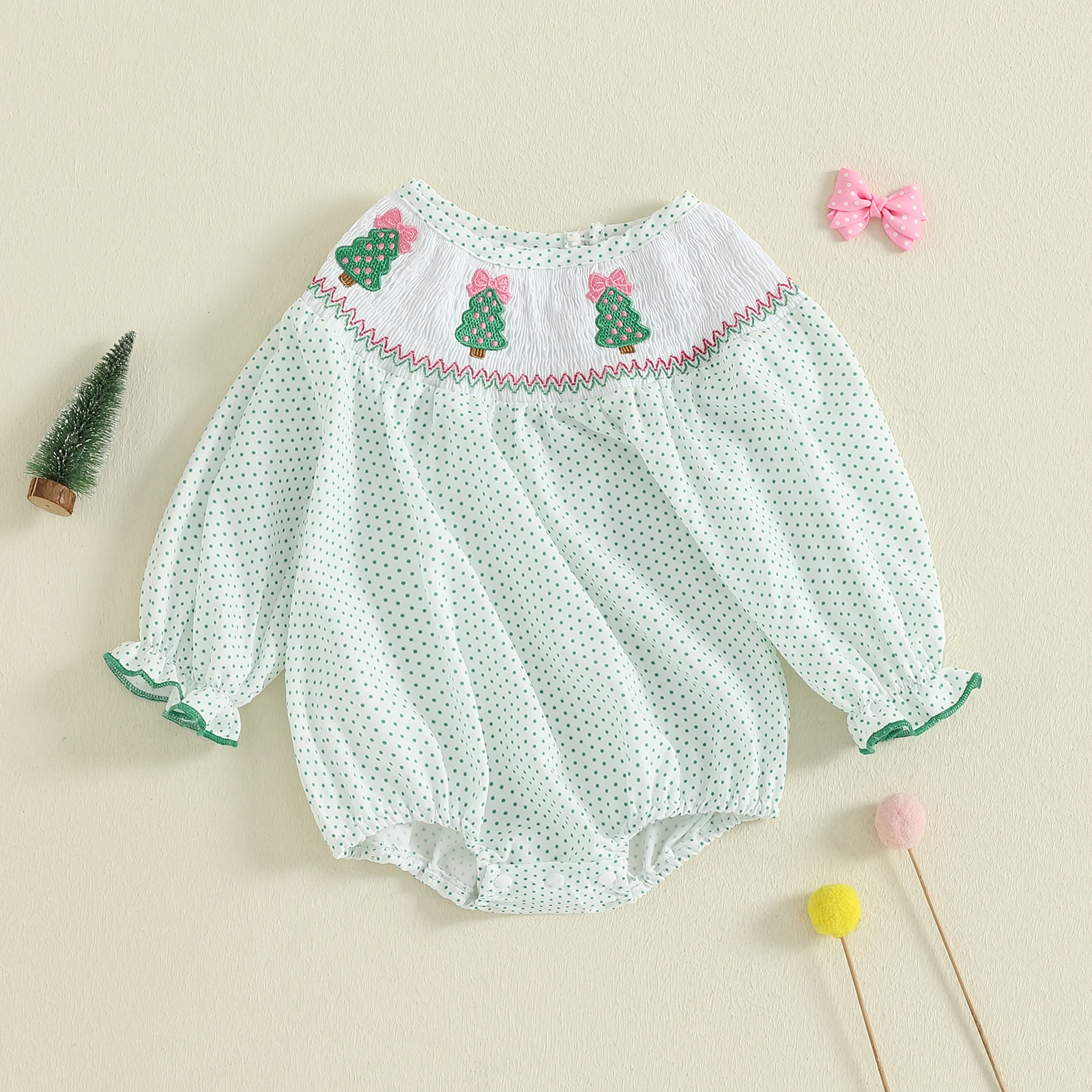 

Наряд на рождественскую елку для новорожденных девочек, зеленый комбинезон в горошек с длинными рукавами и пузырьками, одежда