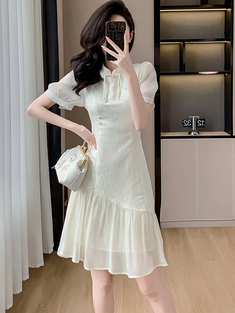 White Jacquard Patchwork Ruffled Midi Dress Women Summer Short Sleeve Bodycon Casual Home Dress 2024 Korean Elegant Luxury Dress