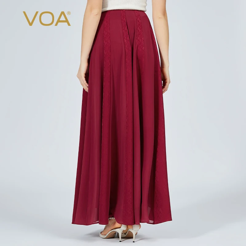 VOA Jacquard Mulberry Silk Red Natural Waist Collision Material Stitching A-line Large Swing Elegant Silk Skirt Summer New CE167