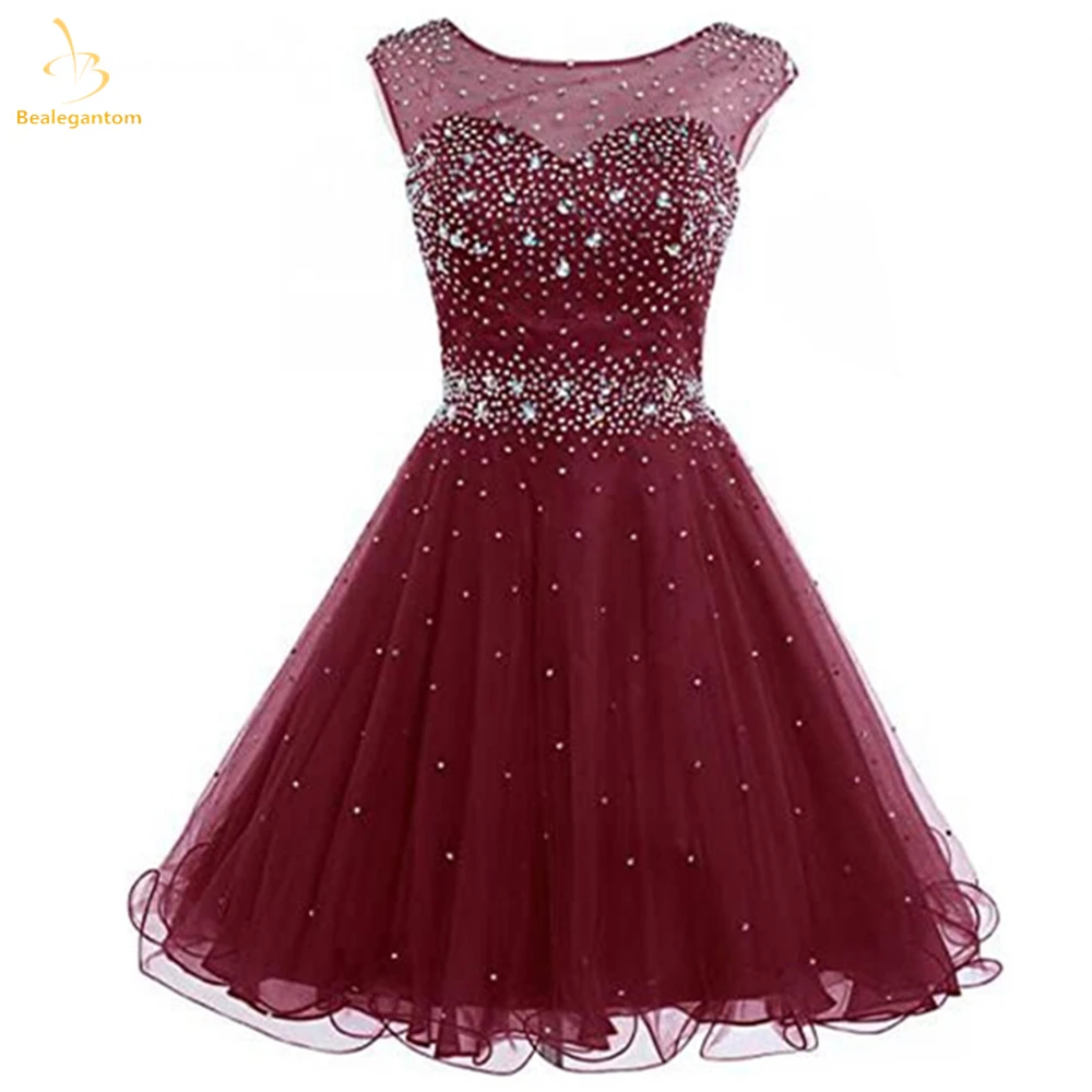 

Bealegantom Sexy Illusion Scoop Neck Short Homecoming Dresses Beaded Crystal Sequin Backless Graudation Prom Party Cocktail Gown