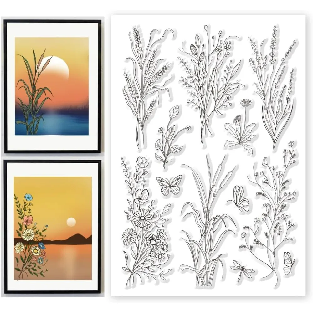 Klare Blumenstempel, transparente Silikonstempel für die Kartenherstellung, Wildblumen, Reis, Schmetterling, transparente Silikonstempel, Siegel