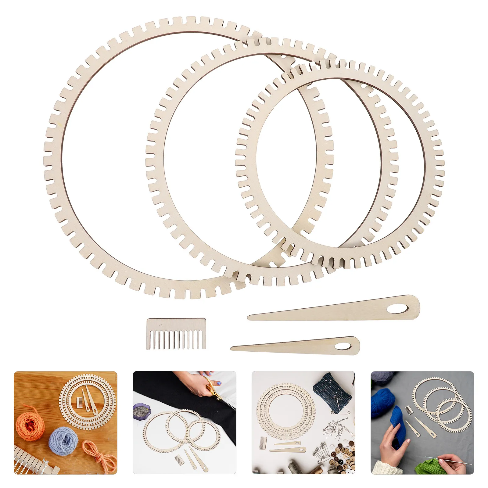 Set di 6 Pezzi per Tessitura in Legno, Kit per Principianti, Strumenti Circolari per Lavoro a Maglia, Pettine per Uncinetto, Telaio per Lavoro a Maglia Fai-da-Te per Bambini