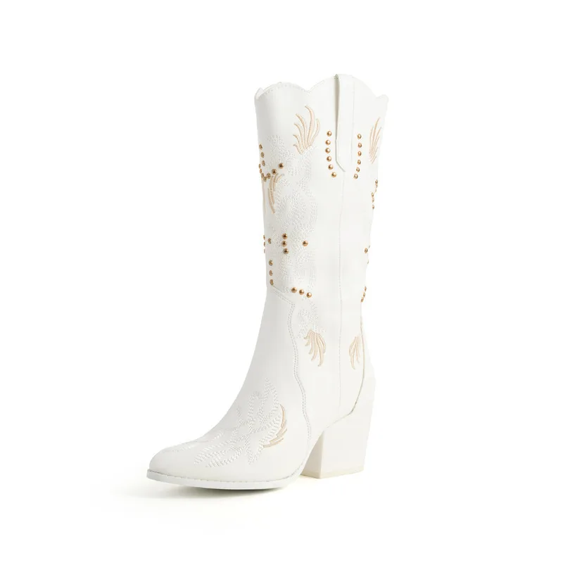 Autumn and Winter New Fashionable High Heels White Rivet Embroidered Totem Mid Barrel Knight Western Cowboy Boots