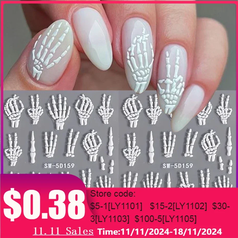 5D Relief Skeleton Hand Halloween Nail Art Stickers Devil's Eye Slider Decal DIY Manicure Decoration Tips Nail Accessories Tools