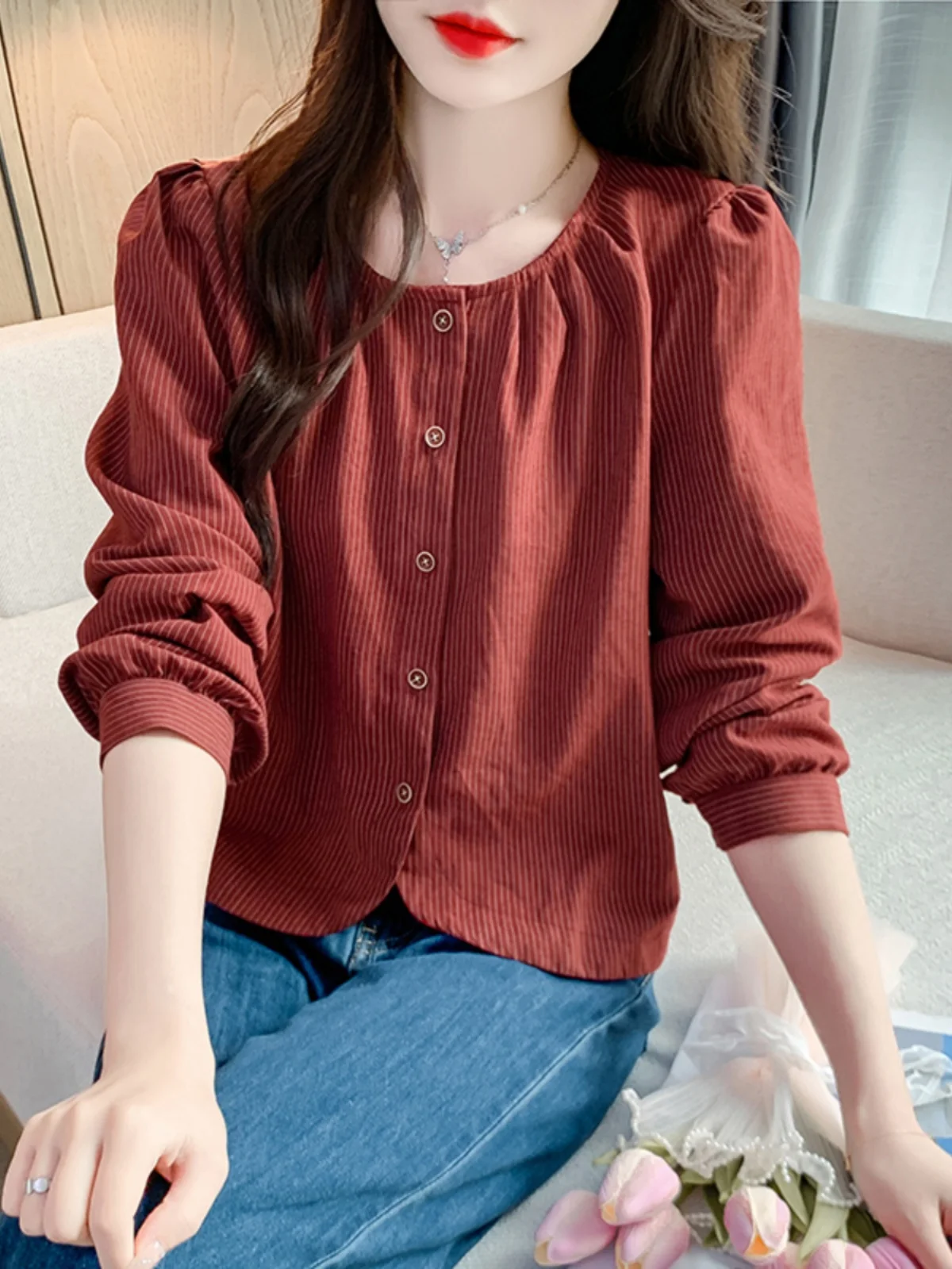 

Полосатая блузка с длинным рукавом для женщин, повседневная, в корейском стиле, премиум-качество, осенняя новинка