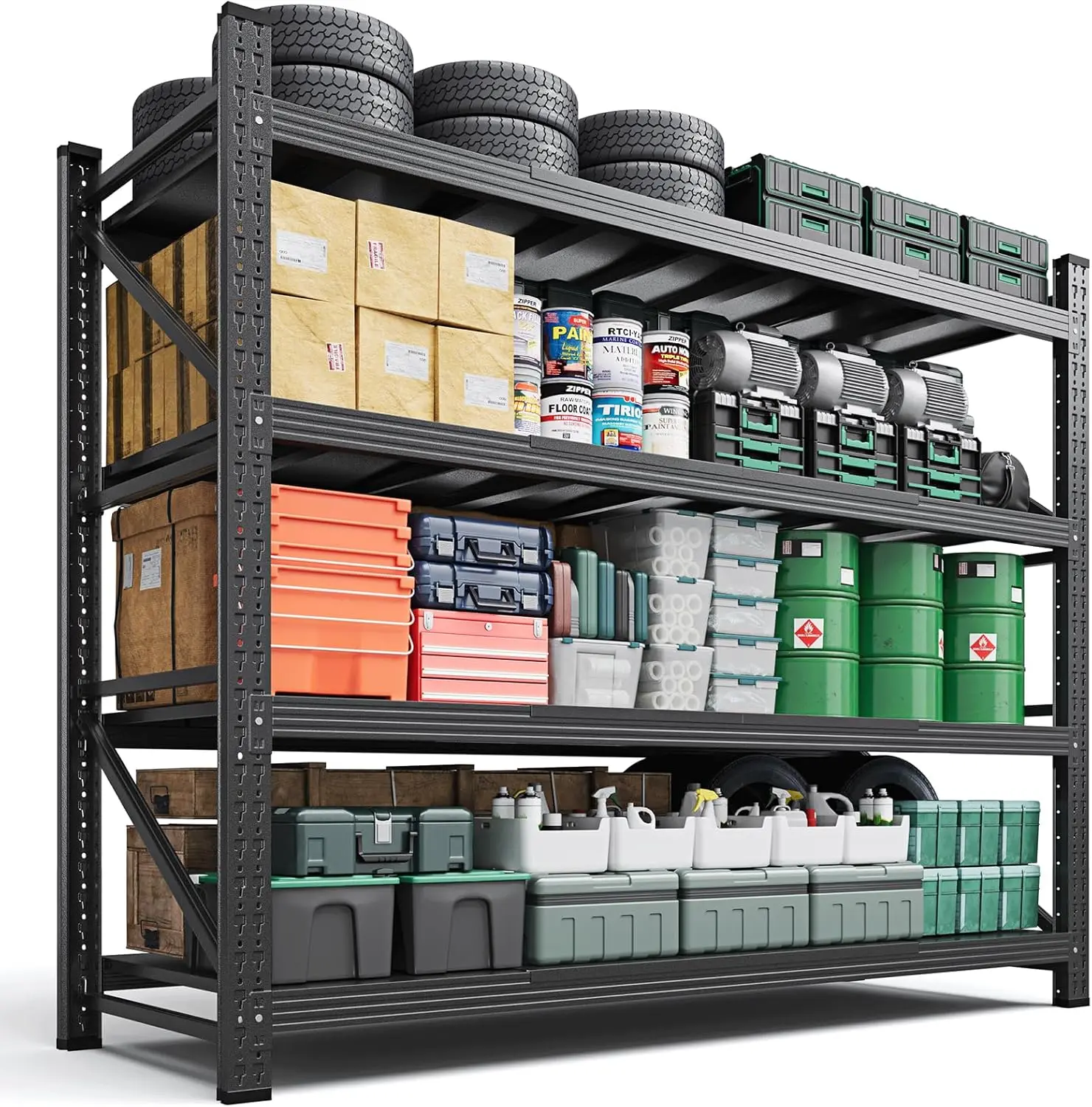 71 Inch 4 Tier Metal Garage Shelving Unit Heavy Duty Storage Organizer Unit Container Box Rack Tray Adjustable Utility Shelves Large Industrial Rack Black