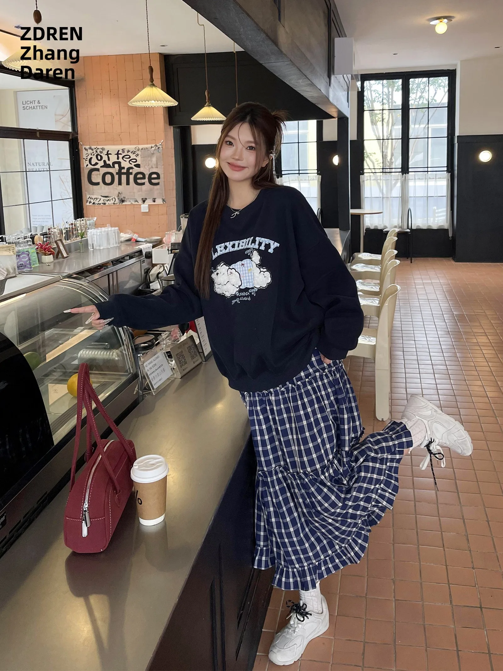 

Комплект из юбки-трапеции с высокой талией в клетку и свитшота для женщин больших размеров, корректирующий фигуру, для фигуры типа «груша»