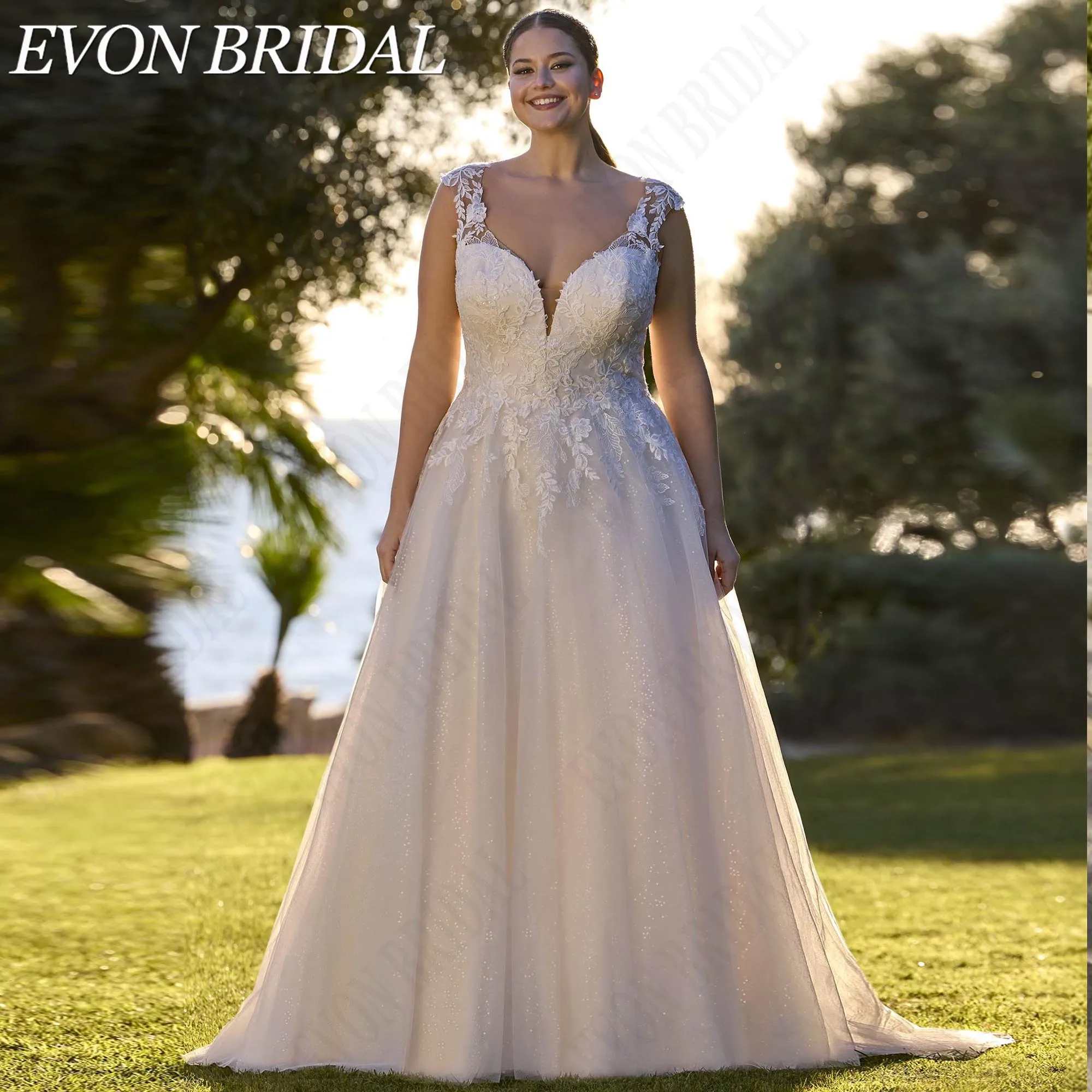 EVON BRIDAL Customized Glitter Tulle Bride Dress Plus Size Sequined Lace Appliques Wedding Gown Cap Sleeves Vestido De Novia