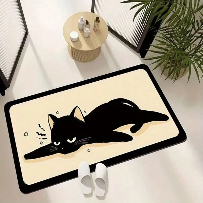 Non-slip Lazy Black Cat Doormat with Drop Patterns Indoor Bath Entrance Kitchen Bedroom Carpet Home Decorative Mat