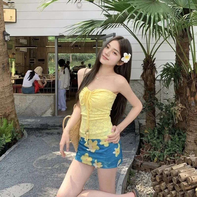 

Women's Yellow Plumeria Print 2 Piece Outfit Strapless Tube Top and Floral Mini Skirt Set
