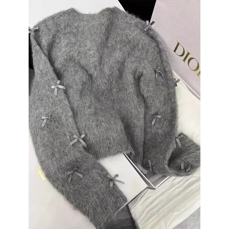 2024Women\'s Autumn and Winter New Fashion Solid Color Round Neck Bow Button Casual Versatile Long Sleeved Loose Knit Tops