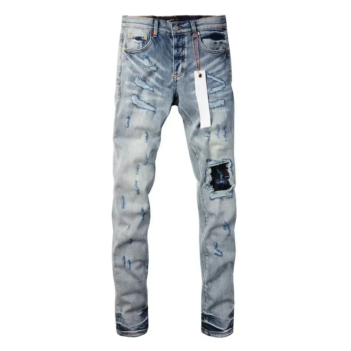 Calça Jeans rasgada masculina de rua alta, remendo azul buraco, cor clara, reparo baixo rised, jeans apertado, marca calças roxas, qualidade superior, 1:1