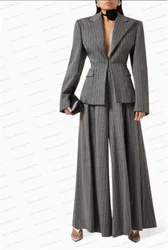 Traje gris a rayas finas para mujer, conjunto de 2 piezas, Blazer + Pantalones de pierna ancha, Chaqueta de algodón hecha a medida, vestido de graduación, abrigo de boda