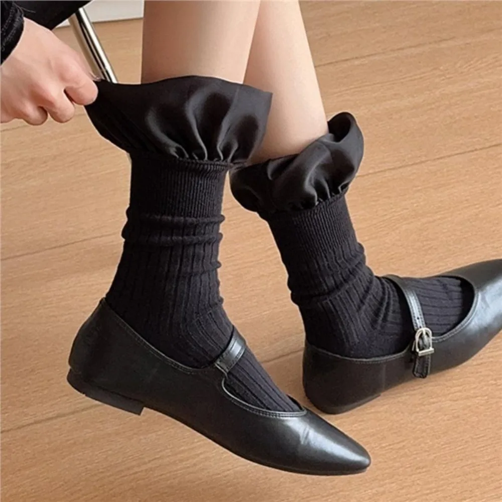 

Fashion Pleated Calf Socks Cotton Black White Sweet Lolita Socks Lotus Edge 3D Bubble Mouth Pile Socks Clothing Accessories
