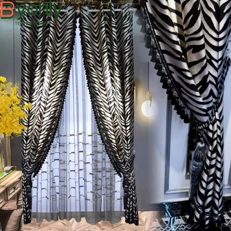 

New Zebra Stripes Black and White Jacquard Thickened Blackout Curtains for Living Room Bedroom Window French Window Customized