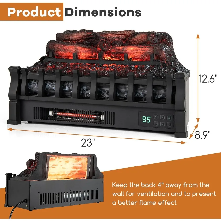 Riscaldatore per camino elettrico da 23 pollici con quarzo a infrarossi con protezione da surriscaldamento del termostato regolabile con luminosità della fiamma a 5 livelli
