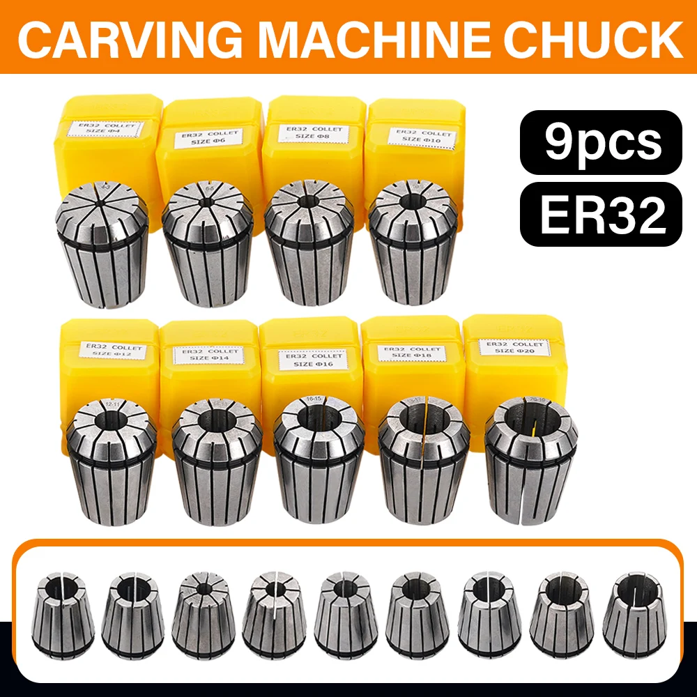 9-Piece ER32 Spring Chuck Set Made Of High-Hardness Alloy Steel High Precision For CNC Milling Lathes Tools Engraving Machines