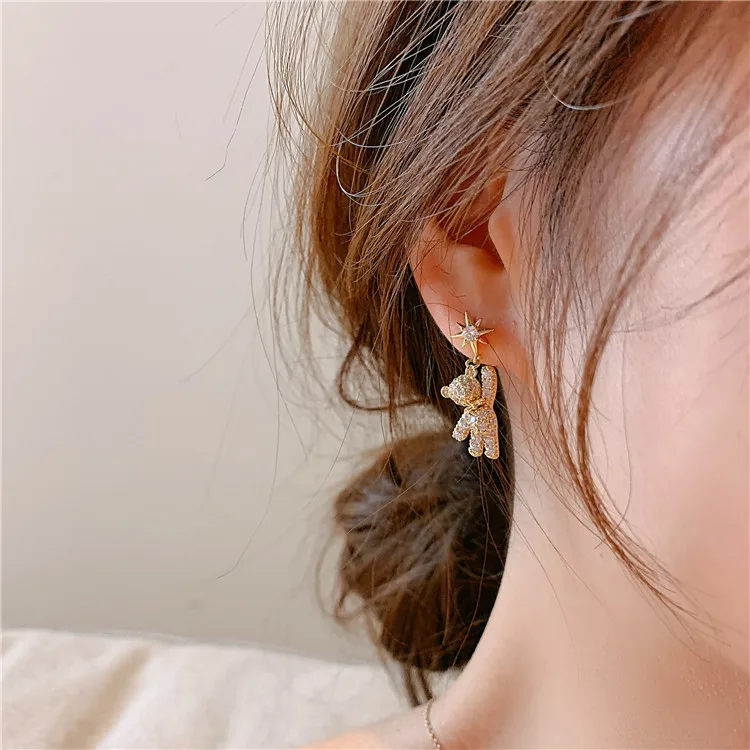 Fashion Crystal Zircon Stud Earrings Woman Simple Cute Star Bear Statement Earring Jewelry Gift  Korean