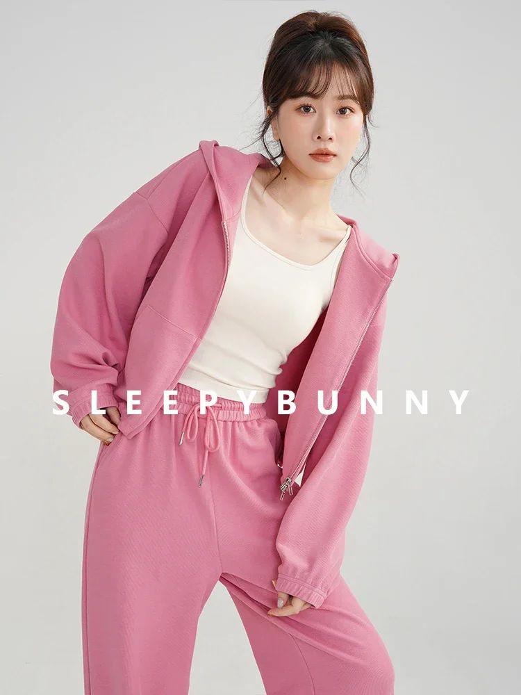 2025 Spring Pink Sports Hoodie Set Women Loose Fit Drop Shoulder Crop Top and Relaxed Sweatpants Petite Friendly Loungewear