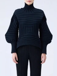 YUDX Miyake Women's Winter Coat Pleated Turtleneck New Frost Knitted Long Sleeve Tops 2024 Fall New Arrivals