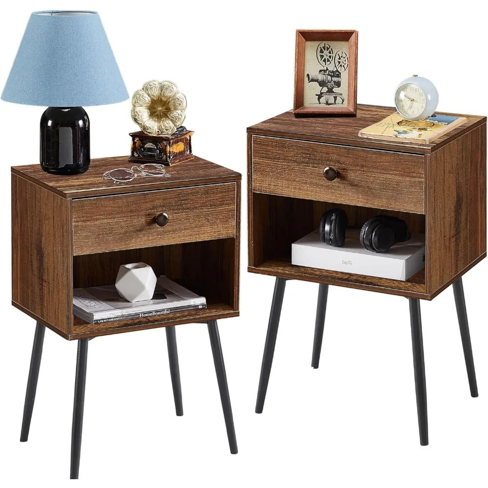 

Nightstands Set of 2 Industrial 2-Tier Night Stand/Side Drawer, Wood Mid Century End Tables for Small Places